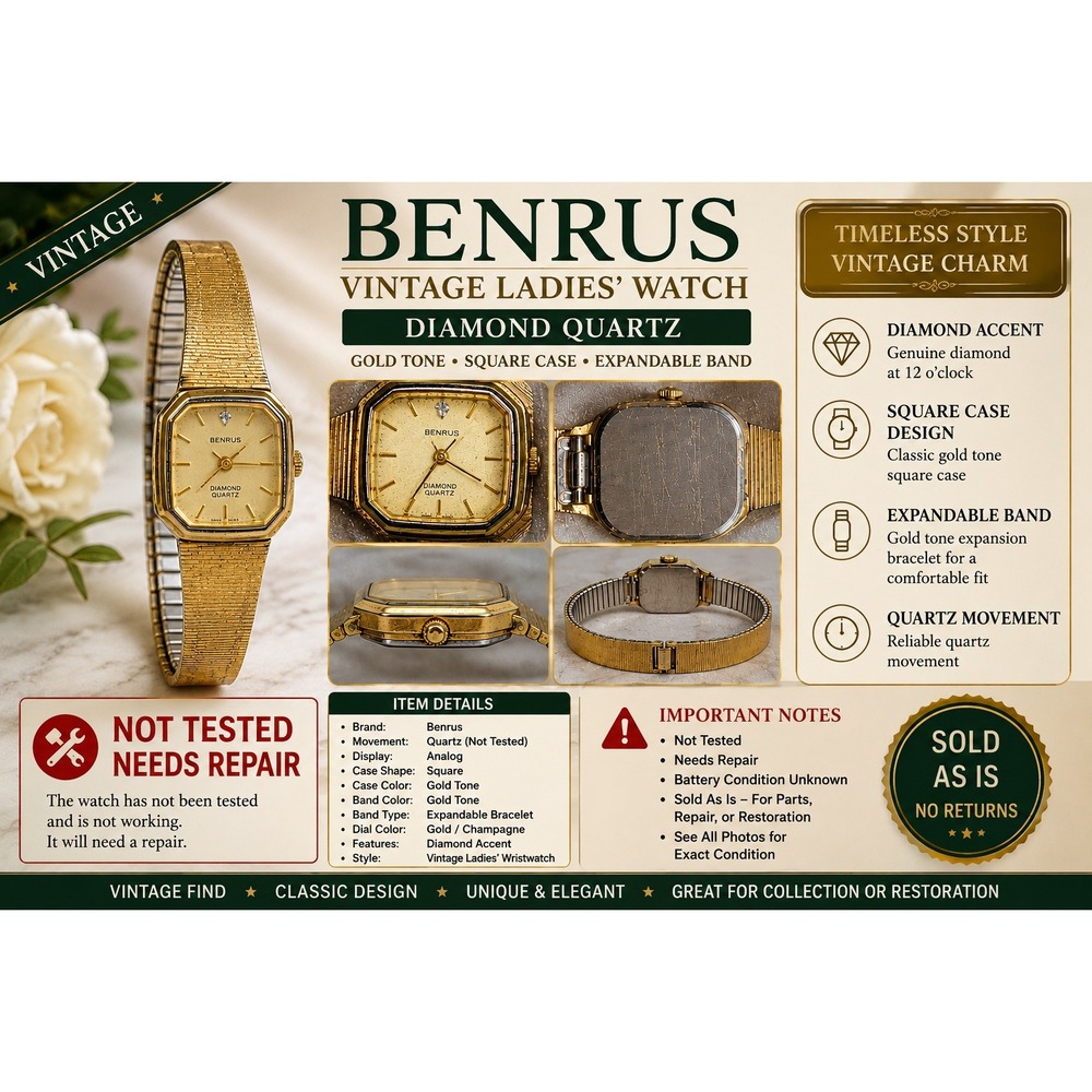Benrus Vintage Ladies Watch Gold Tone Diamond Quartz Square Case Repair